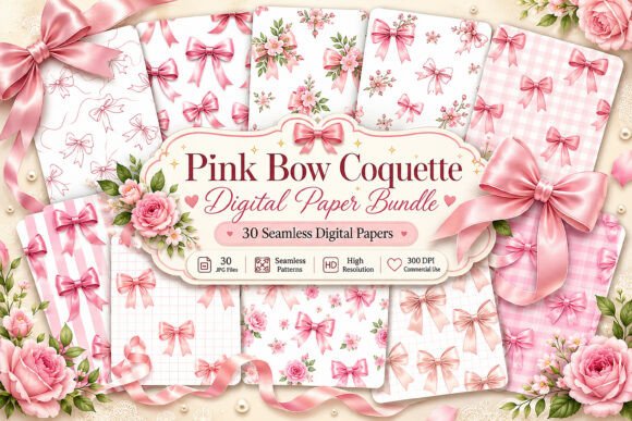 Download Pink Bow Coquette Digital Paper Bundle - Digital paper Collection