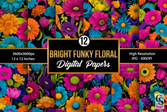 Download Bright Funky Flowers Digital Papers - Digital paper Collection