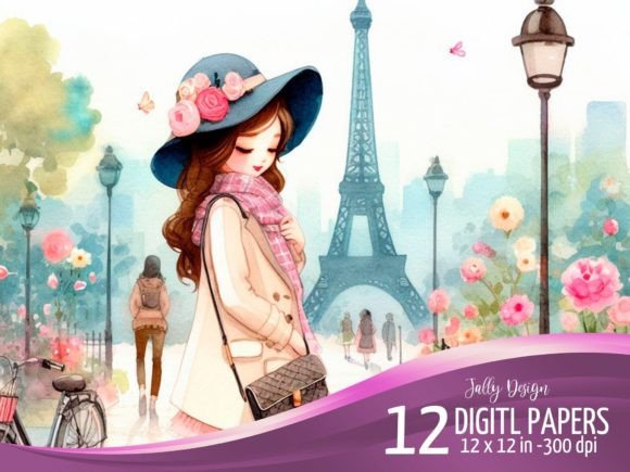 Download Girls in Paris. Digital Paper Designs - Digital paper Collection